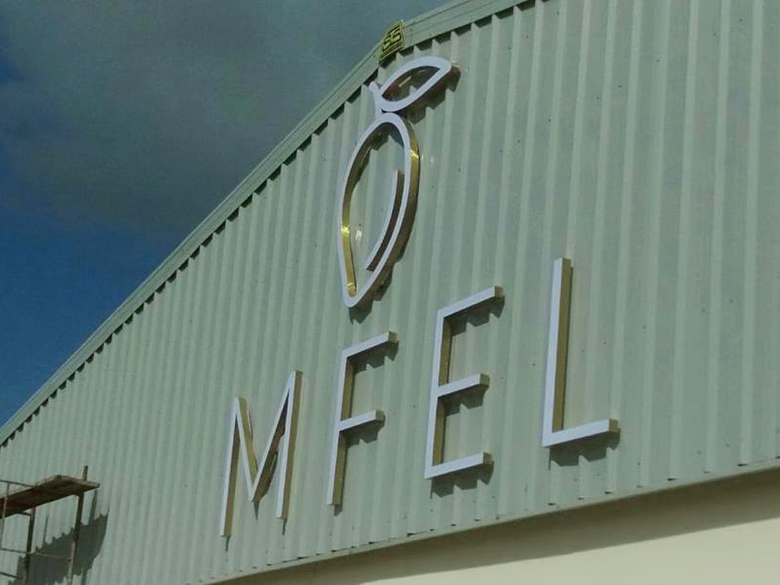 MFEL 3D built-up letters and mango logo mounted on a warehouse facade