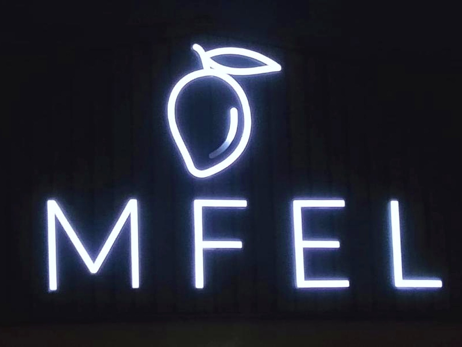 MFEL illuminated sign glowing white against a night sky